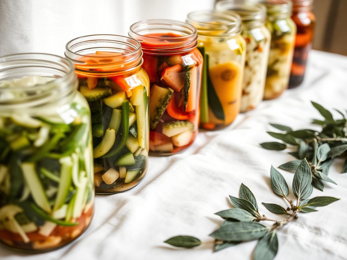 A row of glass jars of fermented vegetables on white linen with sage leaves