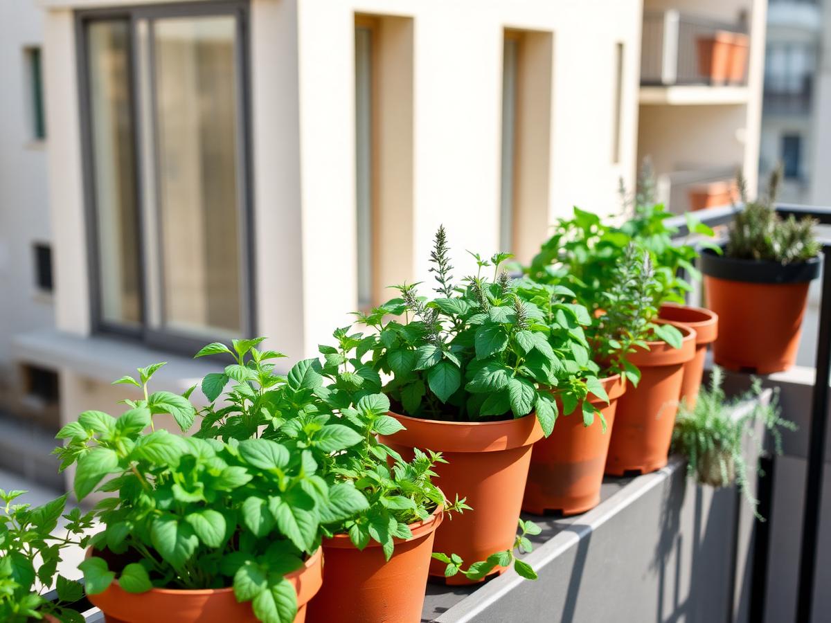 Row of terracotta pots growing basil, mint, and rosemary on a sunny balcony