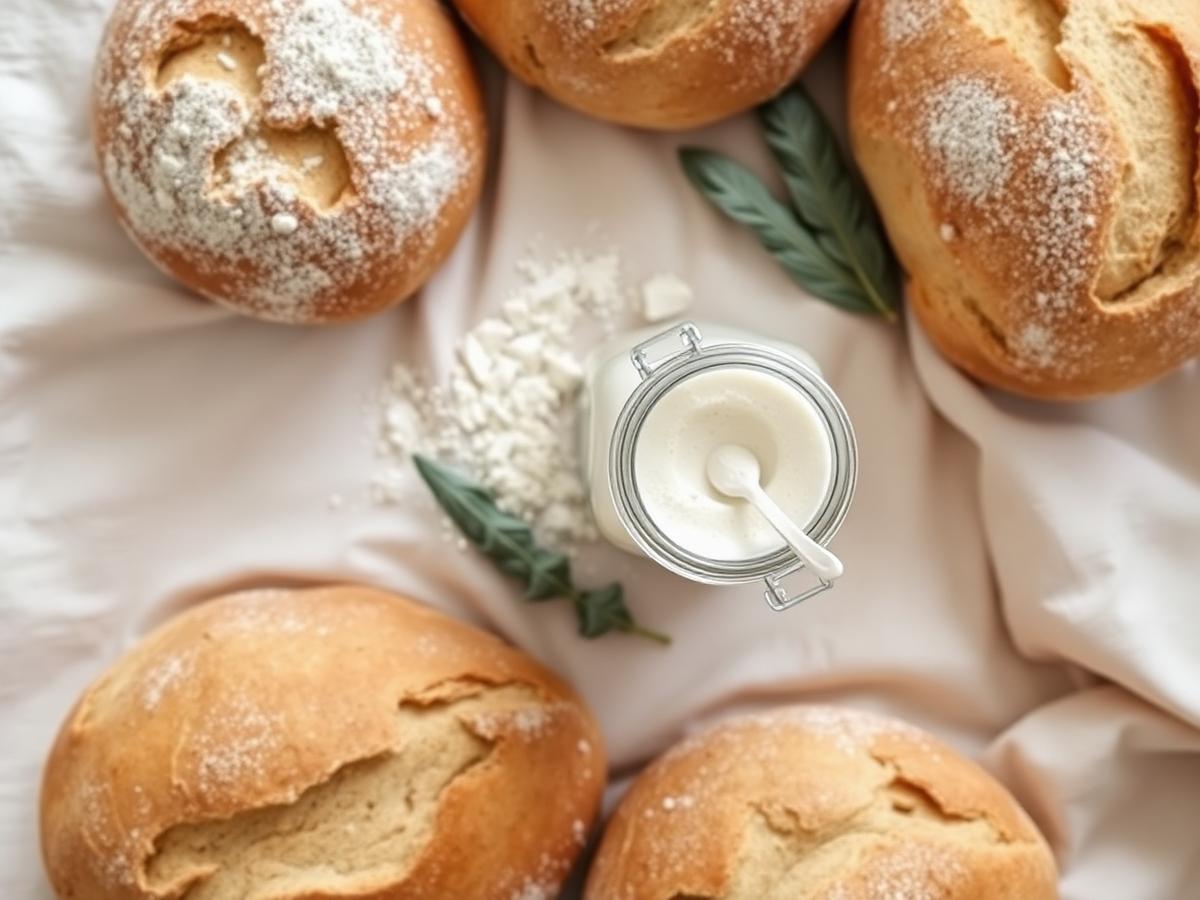 Round homemade sourdough loaves dusted with flour beside a starter jar