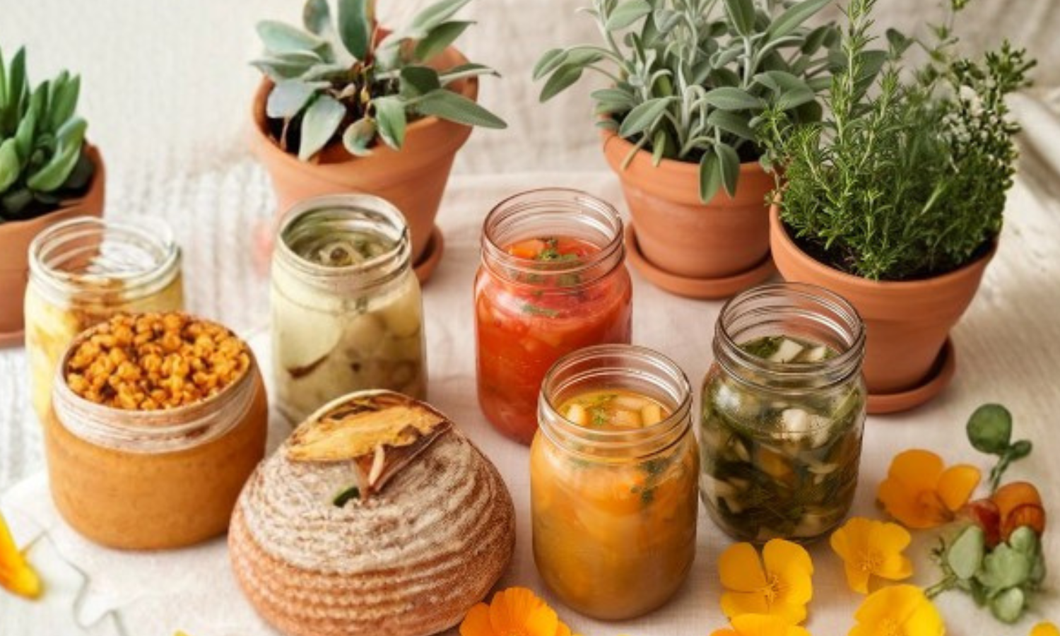 Mason jars of homemade ferments, sourdough, herbs, and California poppies in soft natural light
